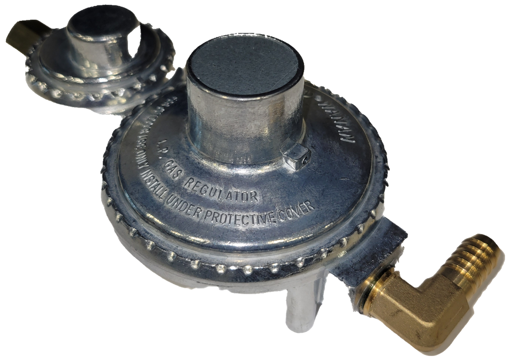 W11310 | Pressure Regulator, LPG Propane, Dual Stage, 12 & 0.4 PSI, 1/4 NPT Inlet, w/ 3/8 barb Elbow